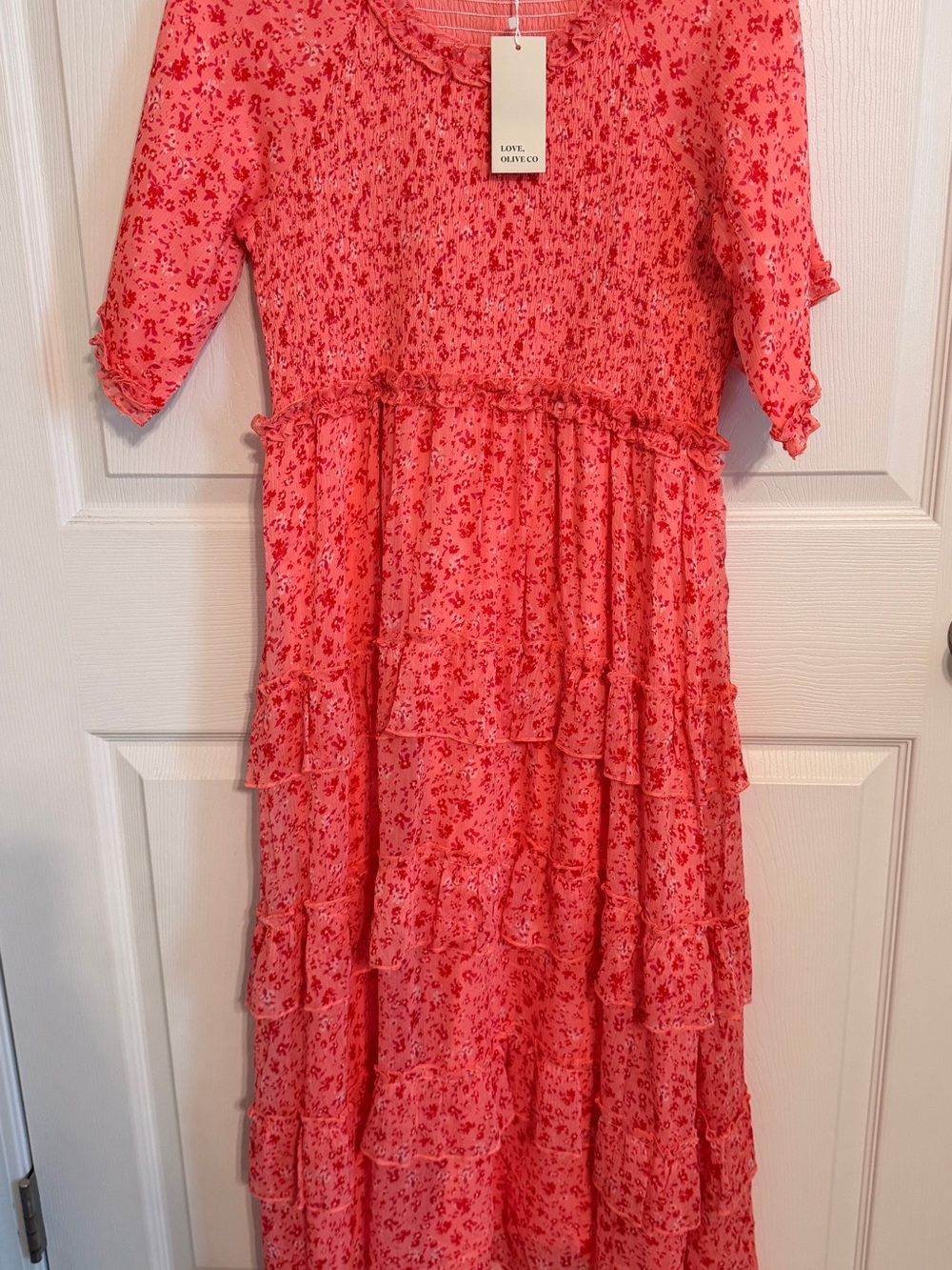 Coral Floral Maxi Dress with Ruffle Tiers
